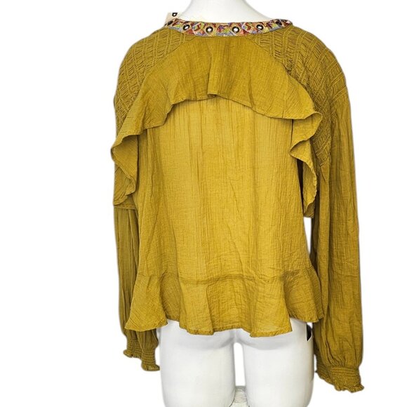 Anthropologie Embellished Grommet Ruffled Blouse, Maize, Cotton, Boho, Size M - Picture 3 of 10
